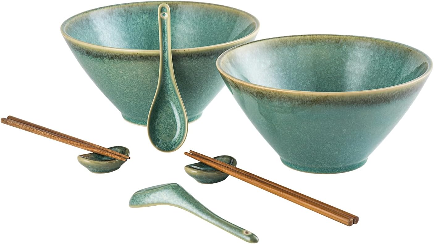 Large Salad Soup Ramen Serving Bowls, 71 OZ Ceramic Japanese Ramen Noodle Bowls with Chopsticks, Spoons and Rests - Super Big Bowl Sets for Udon, Pho, Pasta, Cereal, Set of 2 - Reactive Green