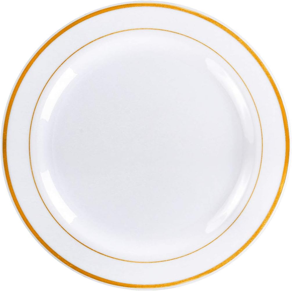 Gold Plastic Plates, MCIRCO 100 Pieces Disposable Party Plates for Weddings, Premium Gold Rim Plates, Include 50 10.25 Inch Dinner Plates and 50 7.5 Inch Dessert Appetizer Plates