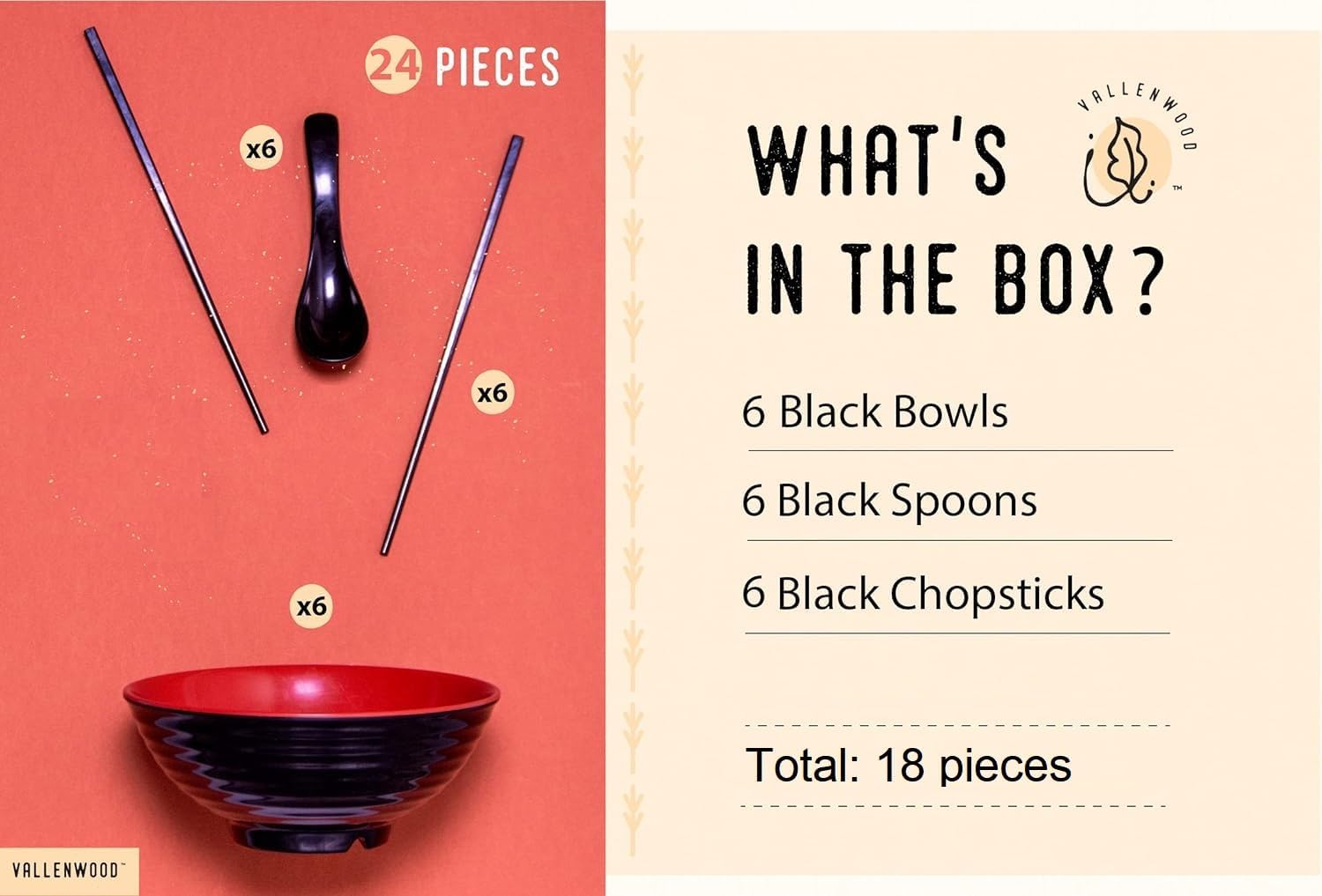 6 Ramen Bowls, 18 pieces Pho set. Red Black Asian Japanese soup. Utensil Spoons And Chopsticks kit. Melamine. Large 37 oz. Noodles, Rice, Udon, Thai, Chinese, Korean, Wonton, Miso (Red Black x6)