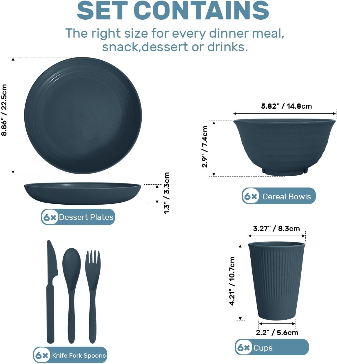 Wheat Straw Dinnerware Sets - SGAOFIEE 36 Piece Unbreakable Dinnerware Sets, Reusable Wheat Straw Plates and Bowls Sets, Travel Camping Cutlery Set, Dishwasher Microwave Safe Dinnerware-Blue