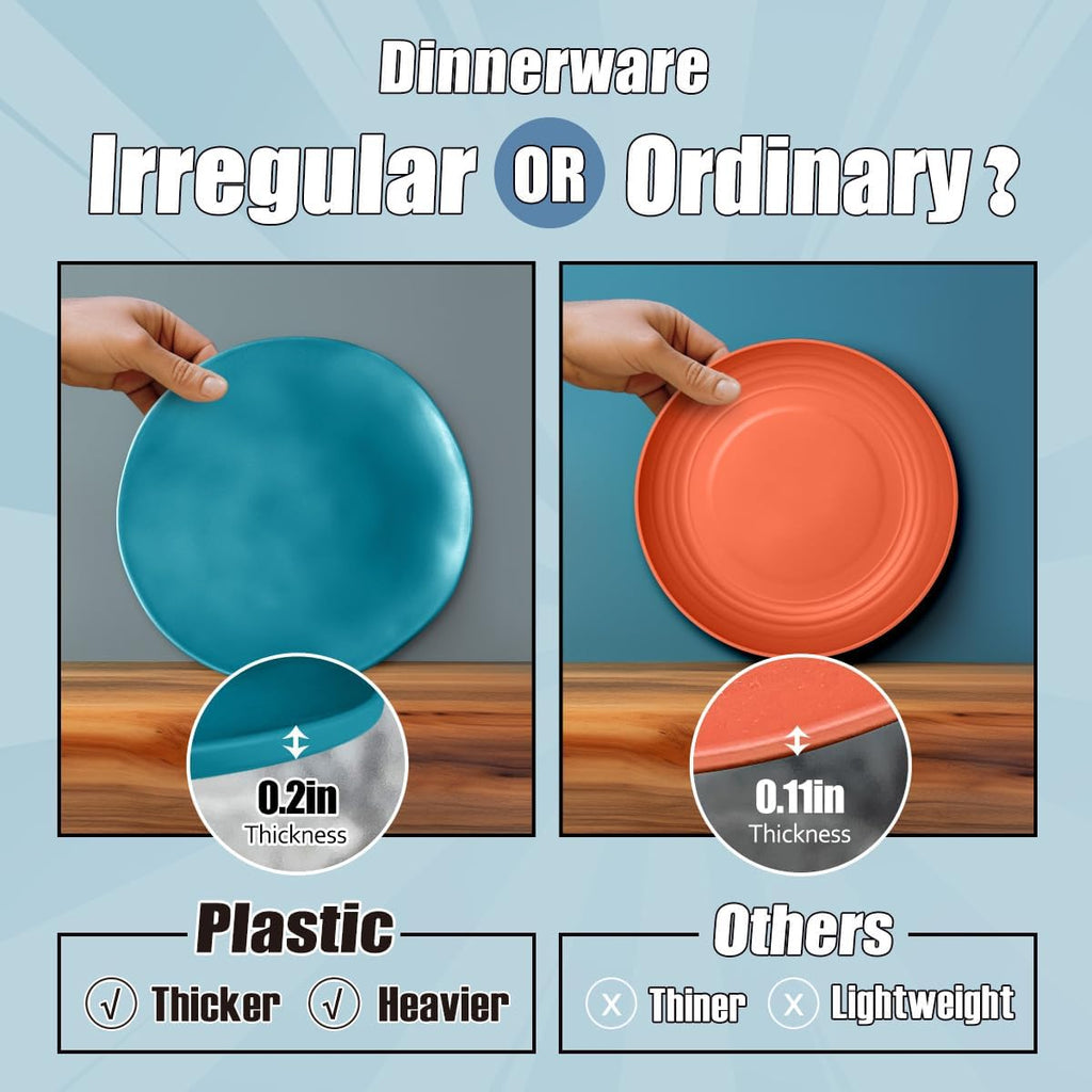 Teivio 32-Piece Kitchen Wheat Straw Dinnerware Sets for 8, Dinner Plates, Dessert Plate, Cereal Bowls,Cups, Unbreakable Plastic Colorful Apartment Outdoor RV Camping Dishes, Irregular Teal Ombre