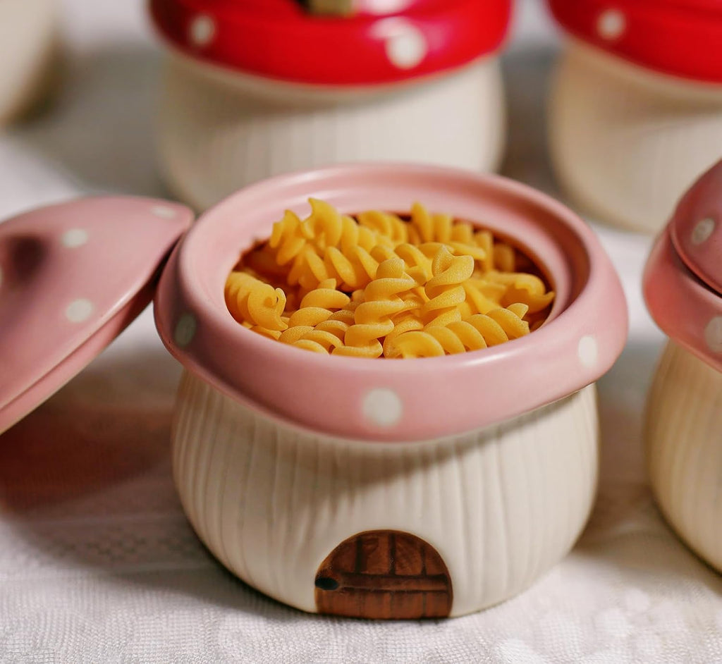 Ceramic Sugar Bowl with Lid & Spoon, Cute mushroom house design. Porcelain Seasoning Storage Jar, 14 Ounces. (Pink)