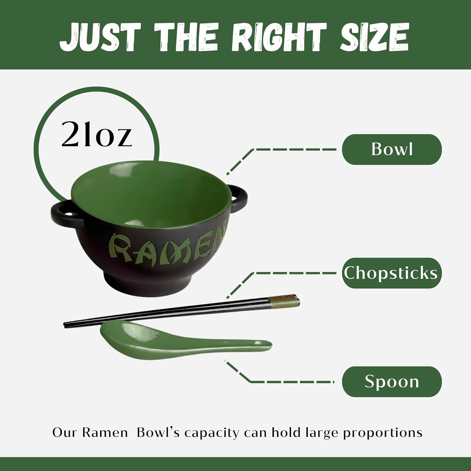 Ceramic Ramen Bowl Set with Chopsticks and Spoon - Set of 2 Microwavable Noodle Bowl Kitchen Set for Instant Noodles, Pho, Udon Noodles, Miso Soup - Green Japanese Ramen Bowls Ceramic Gifts (21 oz)