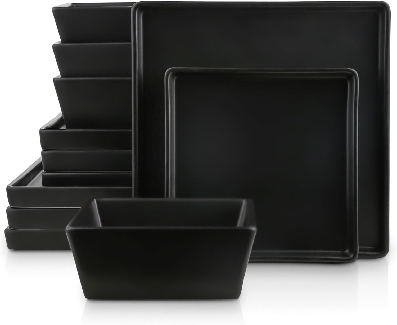 Stone Lain Grace Square Stoneware Dinnerware Set, 12 Piece Service For 4, Plates and Bowls Dish Set, Black