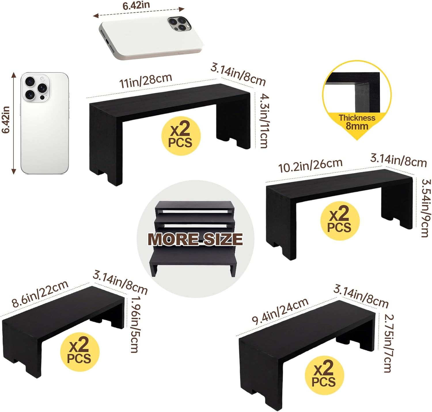 Large Display Wood Risers Wooden Stand 8 Tier Wood Racks Decorative Rectangular, 2 Set 8 Piece Cupcake Stands Cologne Perfume Organizer Dessert Showcase Items(black)