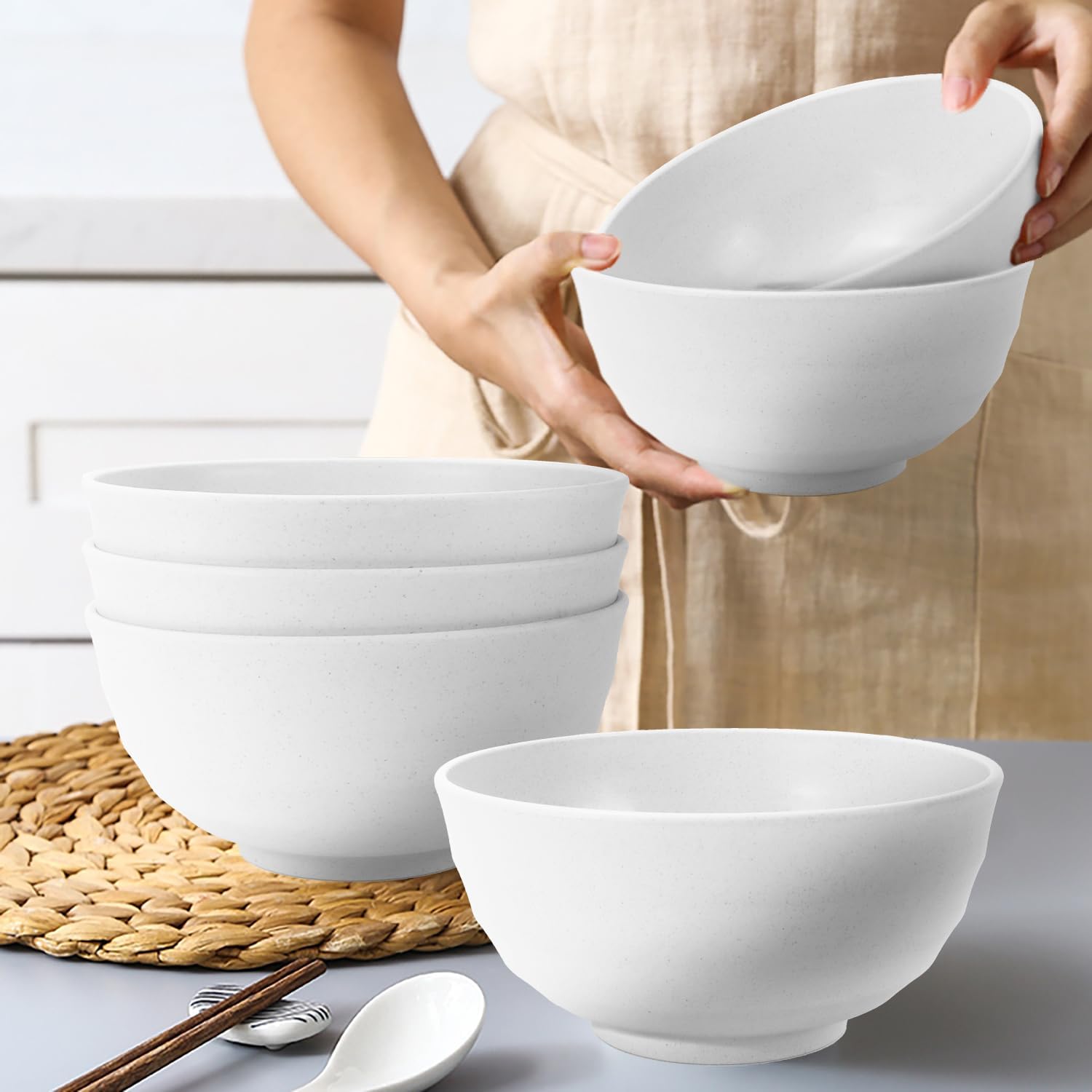 60 OZ Wheat Straw Bowls, Large Popcorn Bowl Sets of 6, Unbreakable Large Serving Bowls for Kitchen, Microwave and Dishwasher Safe Big bowl for Eating, Soup, Ramen, Cereal- White