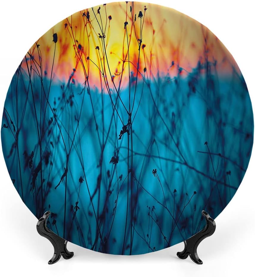 Ceramic Plates, Nature Decorative Ceramic Plates, Dried Flowers Twigs Tranquil Sunset Scenery, 8 Inch, for Dining, Parties, Wedding, Light Blue Peach Orange