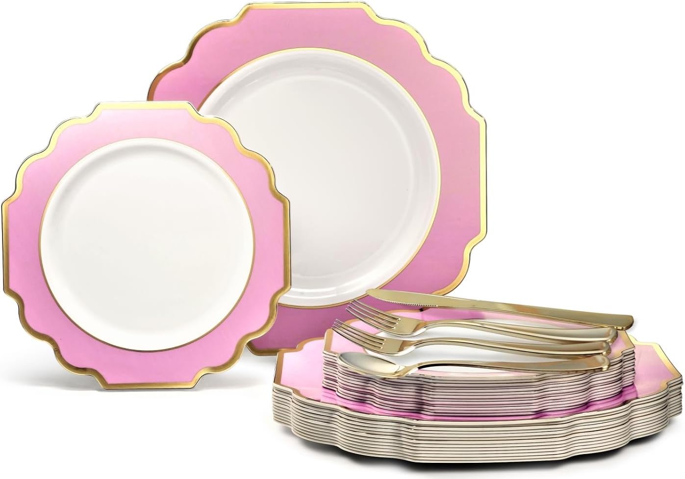 " OCCASIONS " 150 Piece set (25 Guests)-Wedding Plastic Plates & cutlery -Disposable heavyweight Dinnerware 10.5'', 8'' + Silverware w/double fork (Imperial in Rose Pink & Gold)