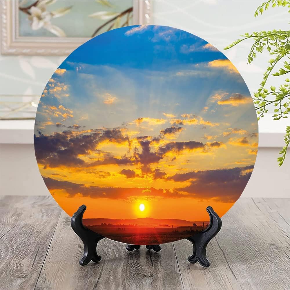 Ceramic Plates, Yellow and Blue Decorative Ceramic Plates, Dramatic Sunset Horizon View Amongst Clouds, 6 Inch, for Dining, Parties, Wedding, Orange Blue