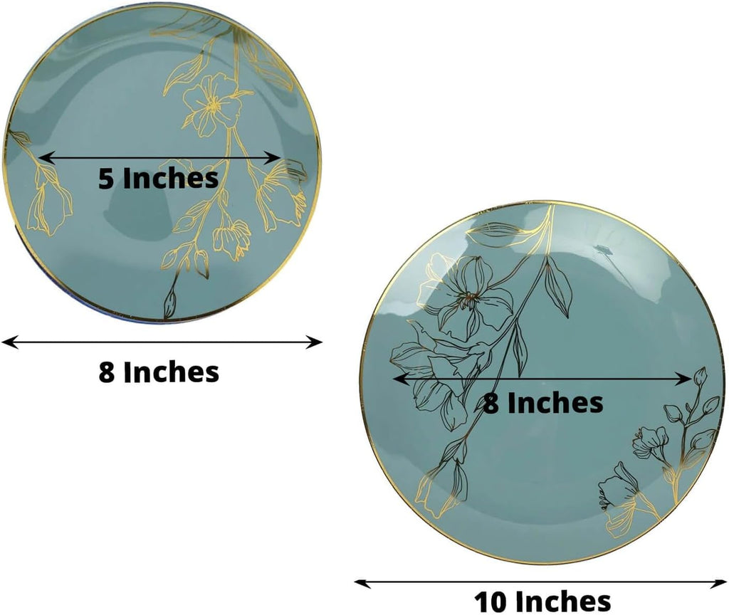 Dinner Plates Set for 20 Guests, Dusty Blue Plastic Party Plates With Metallic Gold Floral Design, 20x 8 inch inch Salad Plates + 20x 10 inch inch Dinner Plates