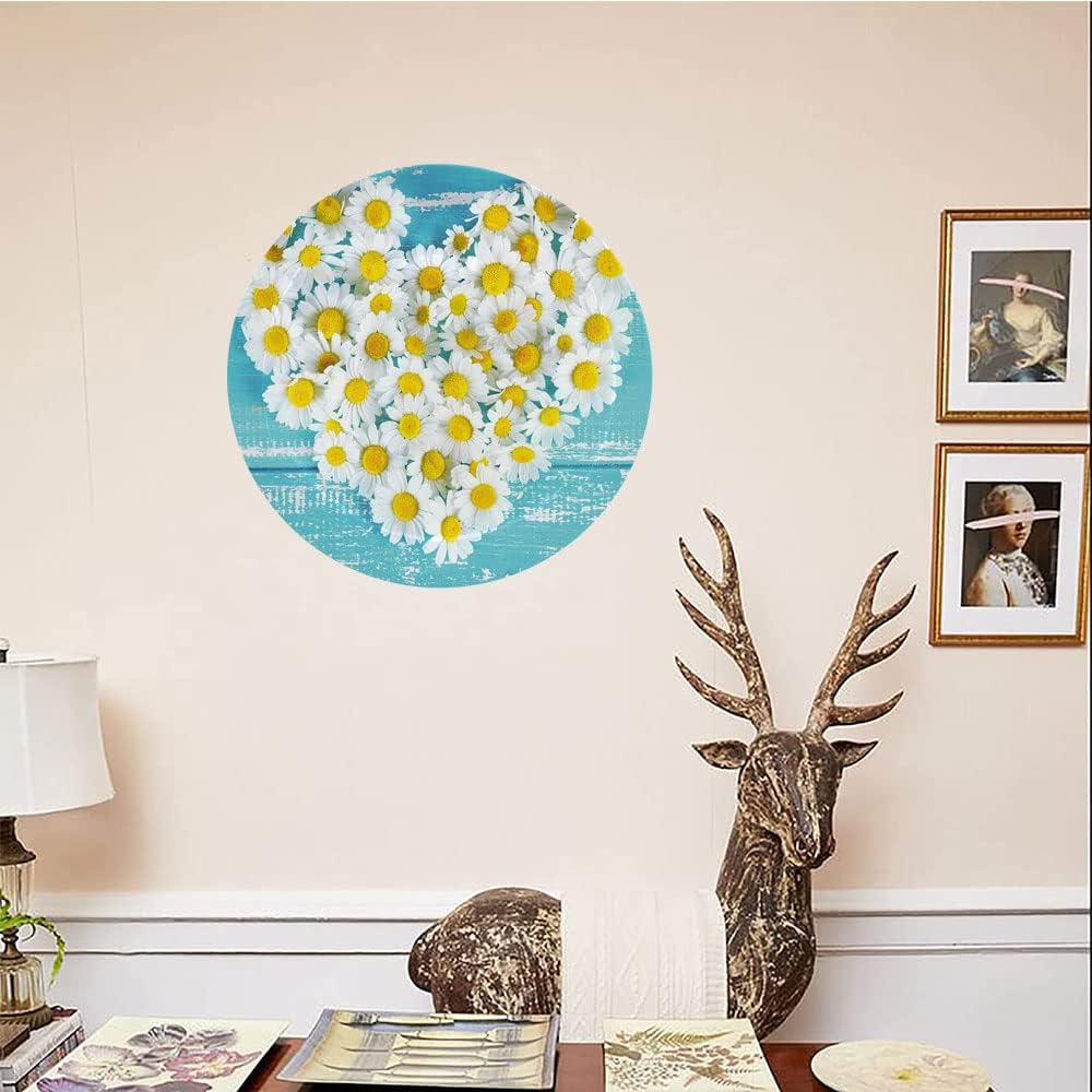 Ceramic Display Plate, Yellow and Blue Ceramic Hanging Decorative Plate, Heart Shaped Daisy Flowers Romantic Lovers, 7 Inch, Living Room Kitchen Decoration Household, Sky Blue White