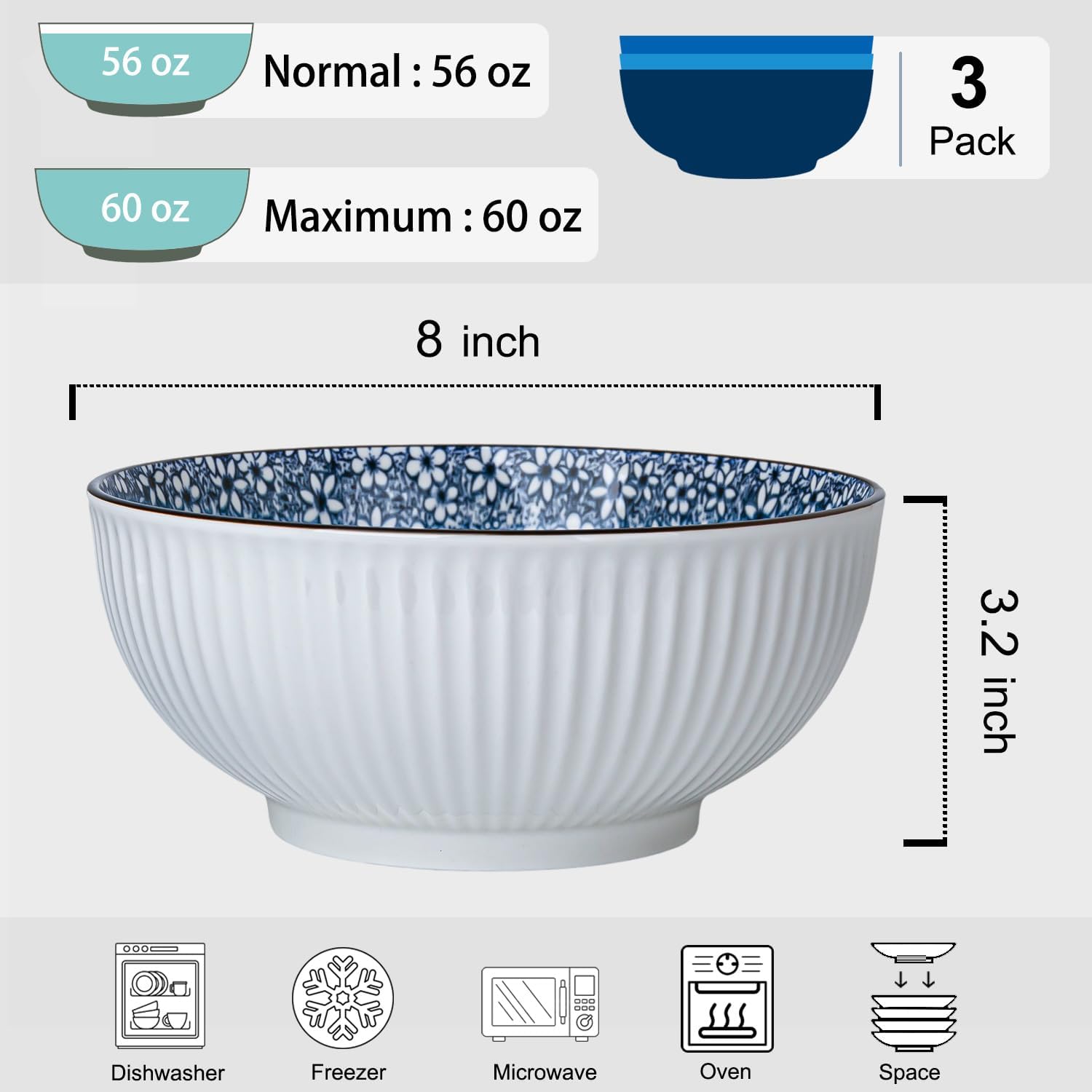 60 oz Large Soup Bowl, Pho Bowls, 8 Inch Blue and White Porcelain Japanese Ramen Bowls Set of 3 - Floral Pattern