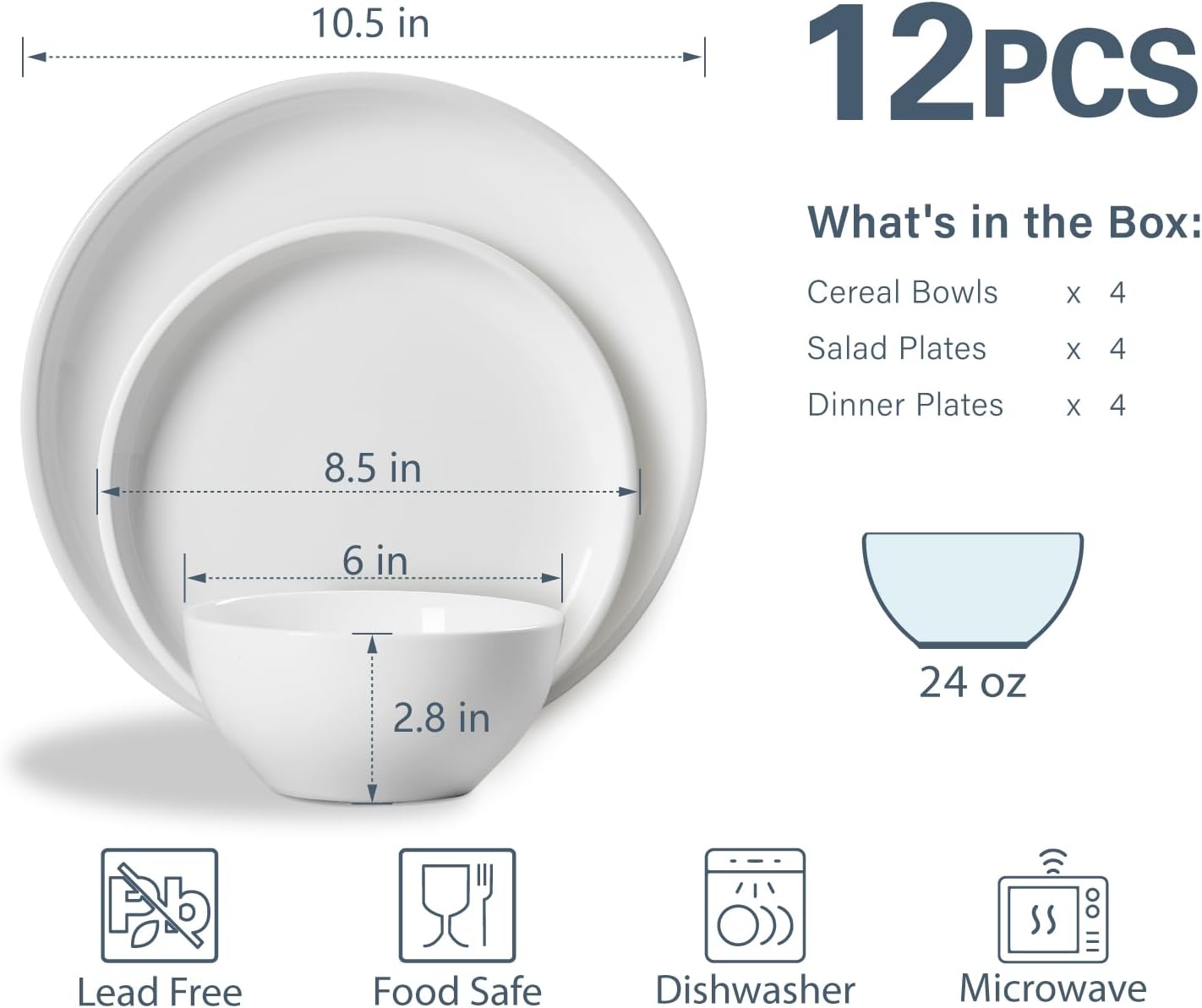 ONEMORE Plates and Bowls Set for 4 - Microwave & Dishwasher Safe Porcelain Dinnerware Set Service for 4 - Ceramic Dishes Set(12 Pcs) - White