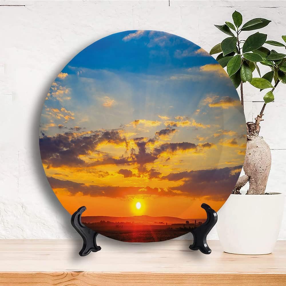 Ceramic Display Plate, Yellow and Blue Ceramic Hanging Decorative Plate, Dramatic Sunset Horizon View Amongst Clouds, 7 Inch, Living Room Kitchen Decoration Household, Orange Blue