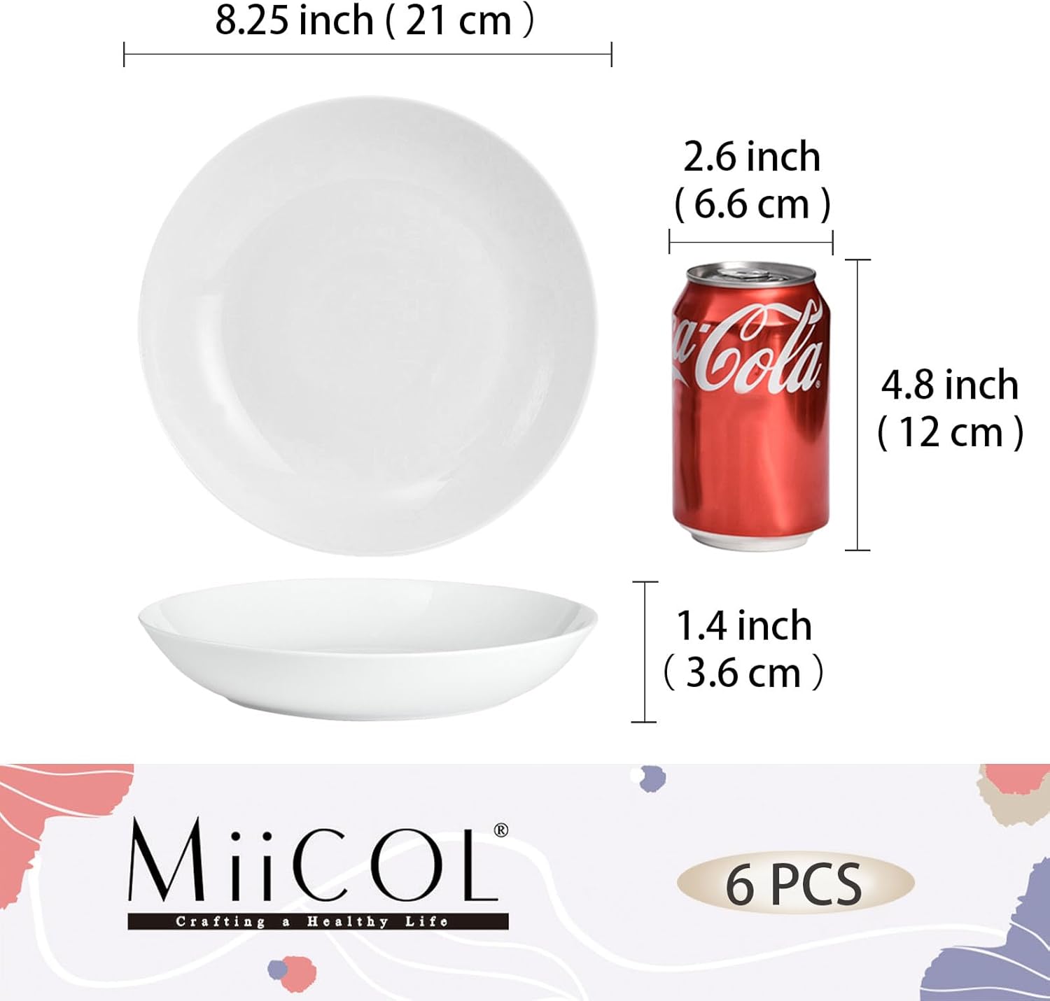 Miicol White Pasta Bowls 28 oz, Ceramic Salad Bowls Set of 6, Wide and Shallow Serving Bowl 8.25 inch, Large Pasta Plates, Serving Dish for Soup, Dinner, Microwave and Dishwasher Safe