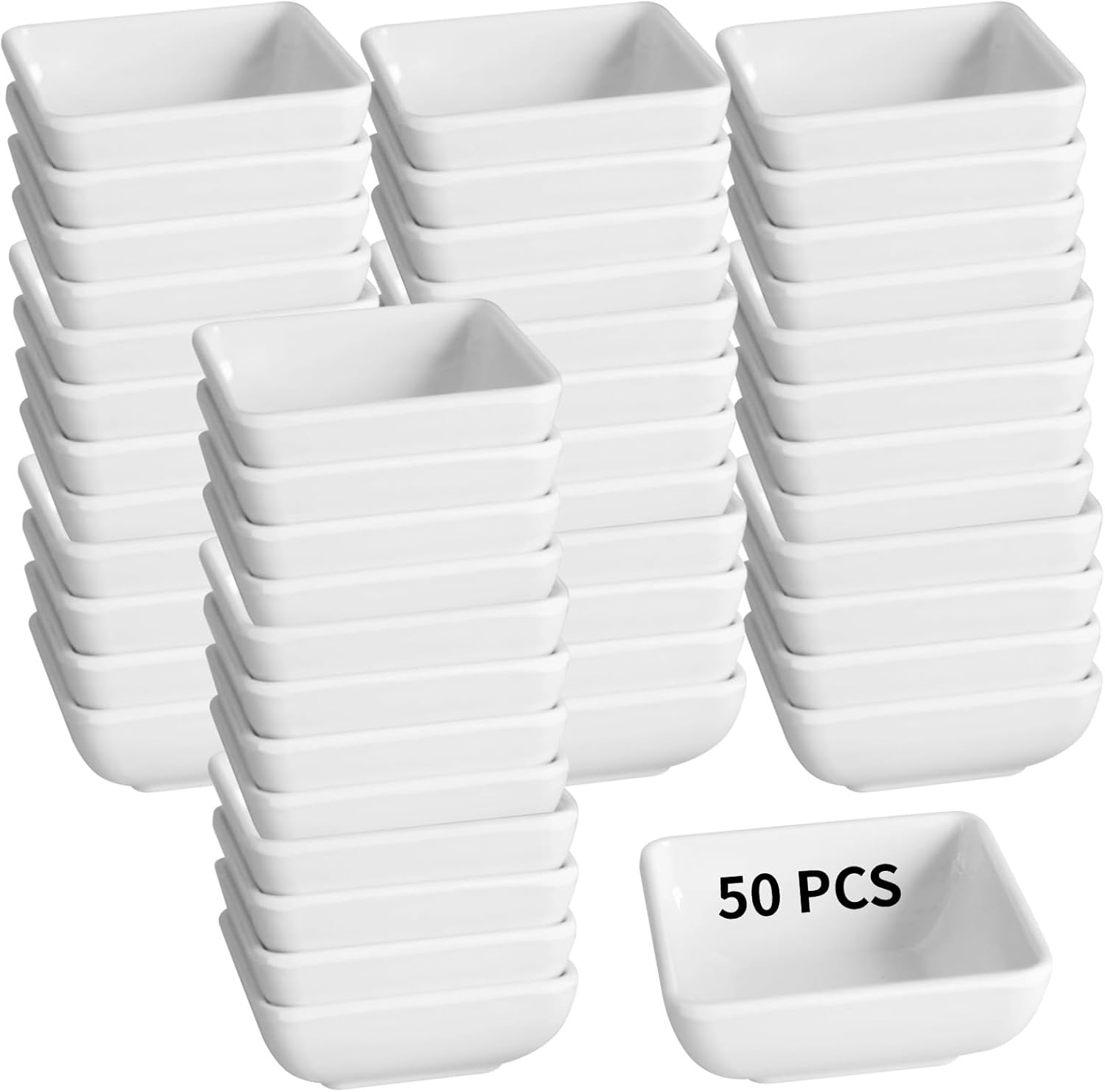 Homaisson 50 Pcs White Melamine Dipping Sauce Dishes, 2.87 in/7.3 cm Square Thickened Individual Bowls, Stackable and Shatter-Resistant for Appetizers, Condiments, Commercial Dinnerware Sets