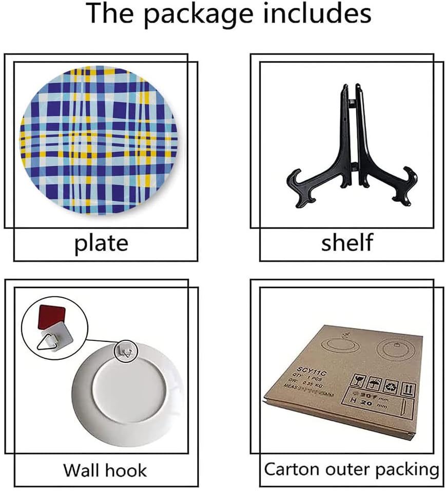 Ceramic Display Plate, Yellow and Blue Ceramic Hanging Decorative Plate, Retro Scottish Checkered Tartan with Color Stripes, 10 Inch, Living Room Kitchen Decoration Household, Pale and Violet Blue