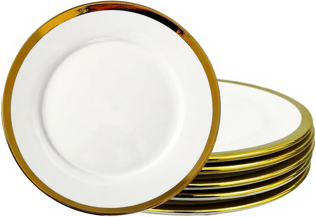 Dinner Plates, Set of 6, 8 inch,White Porcelain with Gold Trim，Appetizer Plates,Ceramic Round Dessert Serving Plates for Bread, Salad, Snack and Finger Food,Elegant Ceramic Dinner Plates