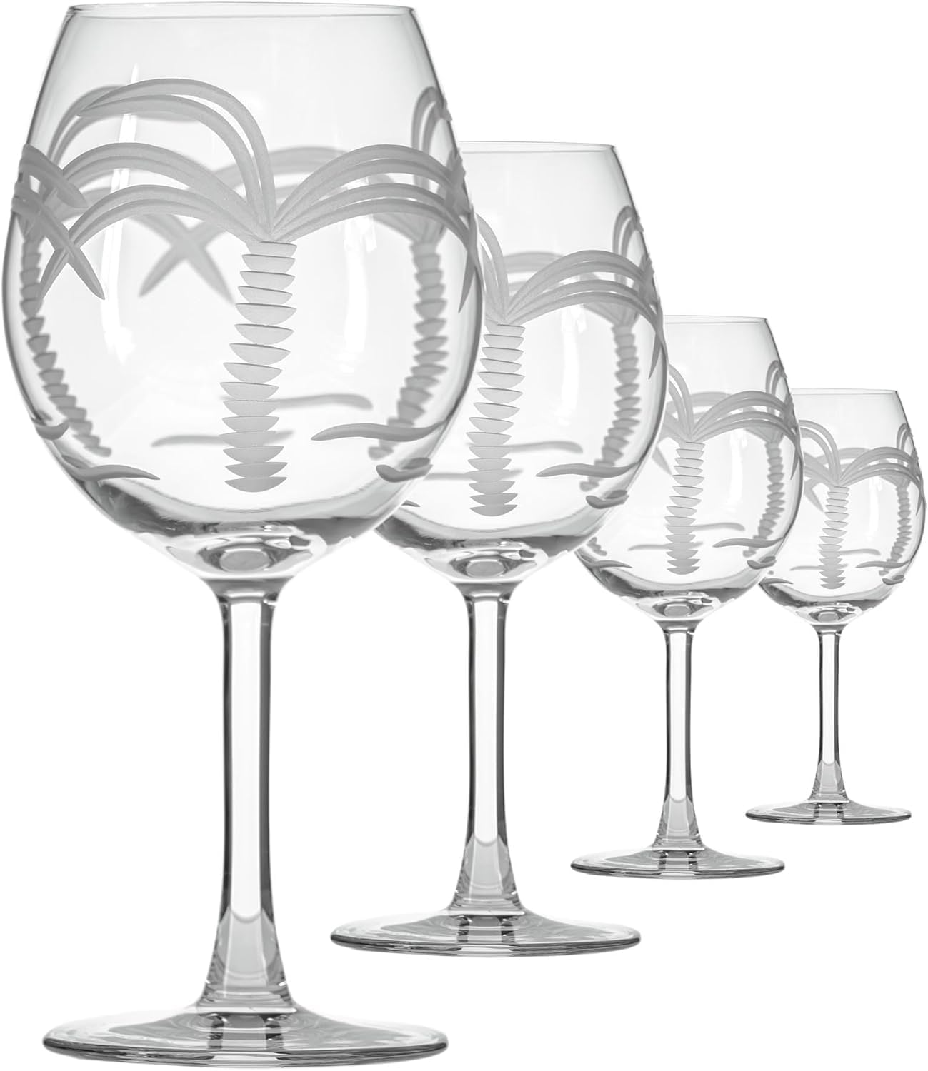 Rolf Glass Palm Tree Balloon Wine Glass | 18oz Red Wine Glasses | Lead-Free and Diamond-Wheel Engraved Crystal Glass | Coastal Design | Made in the USA | Set of 4