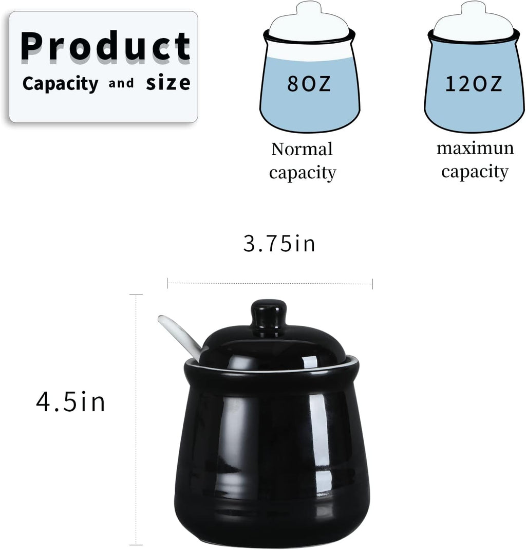 HAOTOP Porcelain Salt Bowl with Lid and Spoon,Ceramic Sugar Bowl 12oz (Black)