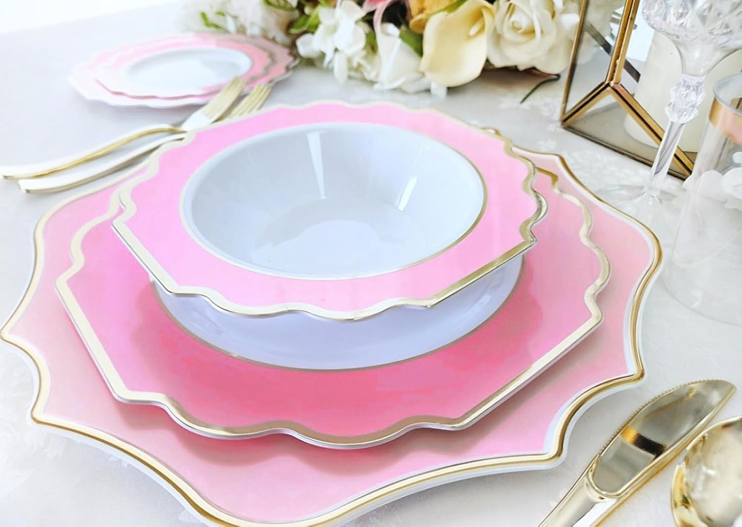 " OCCASIONS " 150 Piece set (25 Guests)-Wedding Plastic Plates & cutlery -Disposable heavyweight Dinnerware 10.5'', 8'' + Silverware w/double fork (Imperial in Rose Pink & Gold)