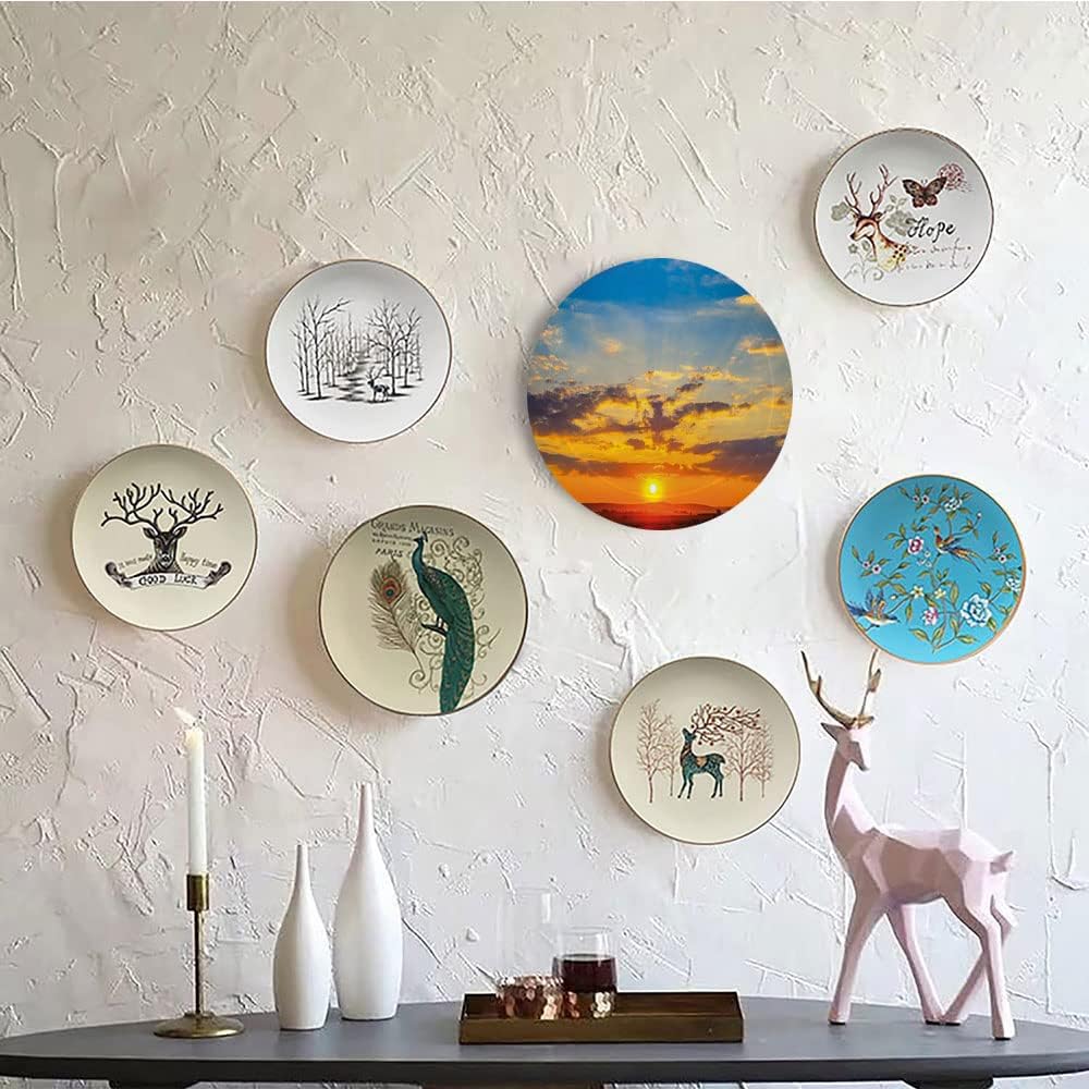 Ceramic Display Plate, Yellow and Blue Ceramic Hanging Decorative Plate, Dramatic Sunset Horizon View Amongst Clouds, 7 Inch, Living Room Kitchen Decoration Household, Orange Blue