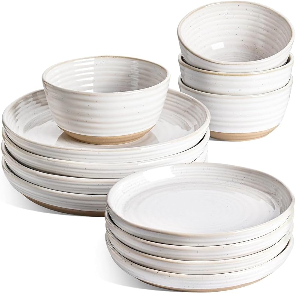 LE TAUCI Dinnerware Sets 12 PCS, Ceramic Plates and Bowls Set, For Housewarming (28 oz Cereal Bowl+ 8" Salad Dish+10" Dinner Plate) x 4, Oven safe, Arctic White