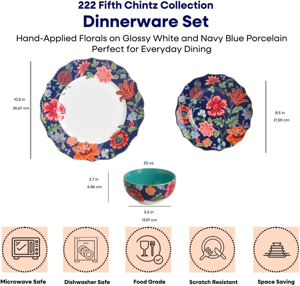 222 Fifth 12-Piece Porcelain Dinnerware Set for 4, White & Parisian Blue Plates and Bowls Set with Gold Rim, Glossy Ceramic Dish Set with Detailed Floral Design, Microwave & Dishwasher Safe, Chintz