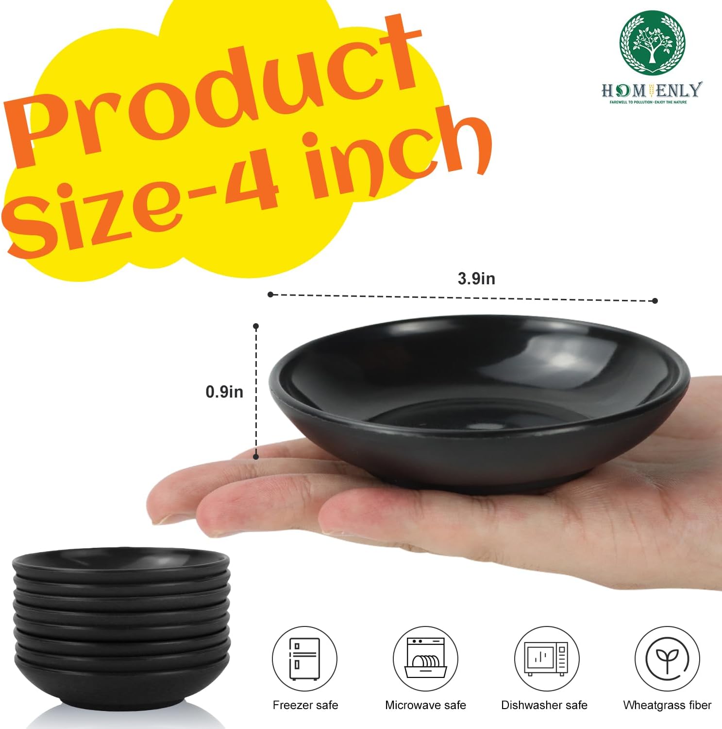 Plastic Dipping Plate Set of 8 - 4 inch Wheat Straw Plates,Soy Sauce Dish,Dipping Bowls,Small Serving Bowls for Side Dishes, Mini Appetizer Plates for Side Dishes,Condiment,BBQ and Party Dinner-Black