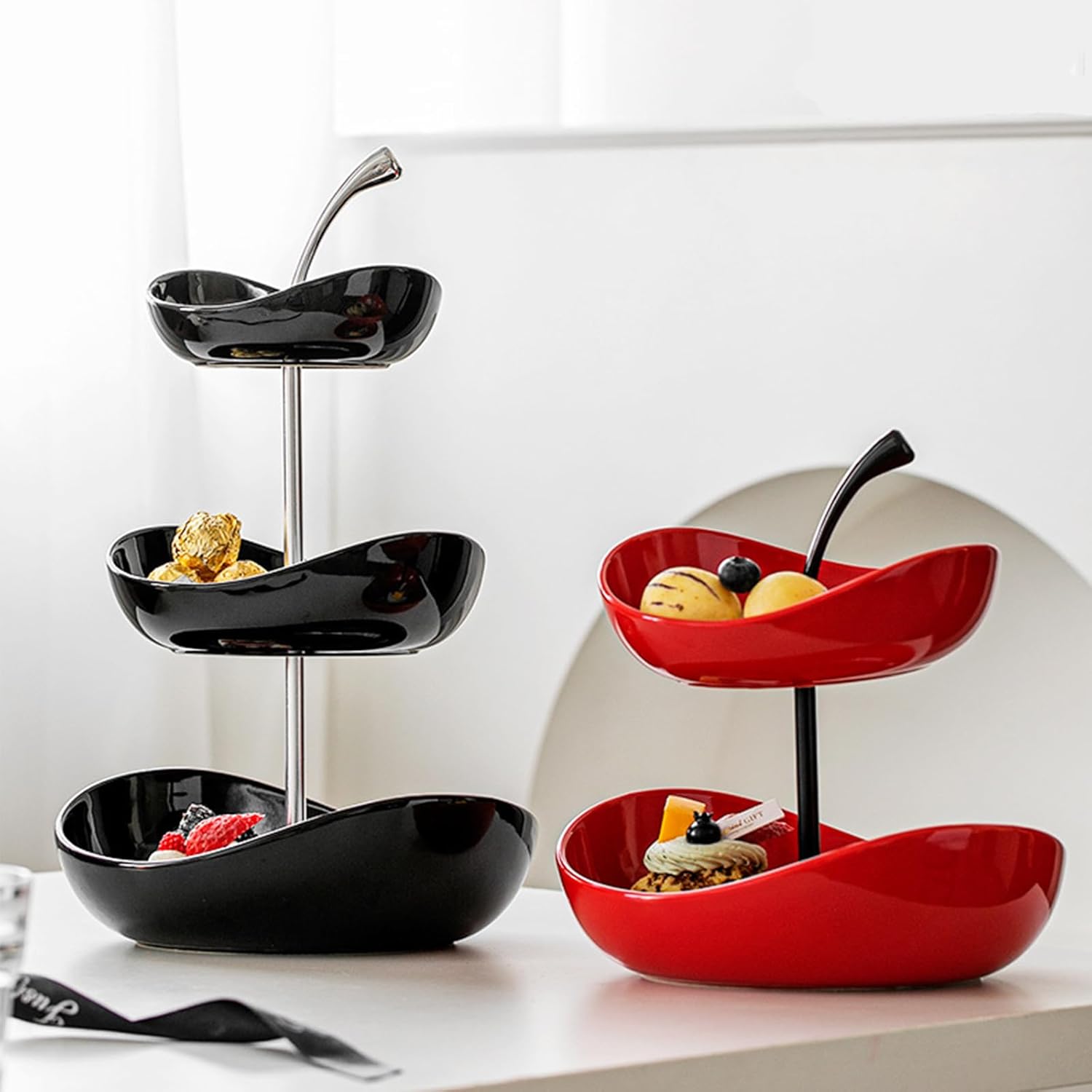 Fruit Bowl for Kitchen Counter, 3 Tier Ceramic Fruit Basket, Tiered Serving Bowls with Metal Stand, Modern Fruit Display Stand for Snack Cake Party(2 Tier, White)