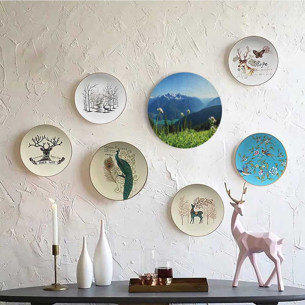 Ceramic Plates, Nature Decorative Ceramic Plates, Diablo Lake Mountains Dandelions Thistle, 7 Inch, Household Plates Decorative, Green Sky Blue