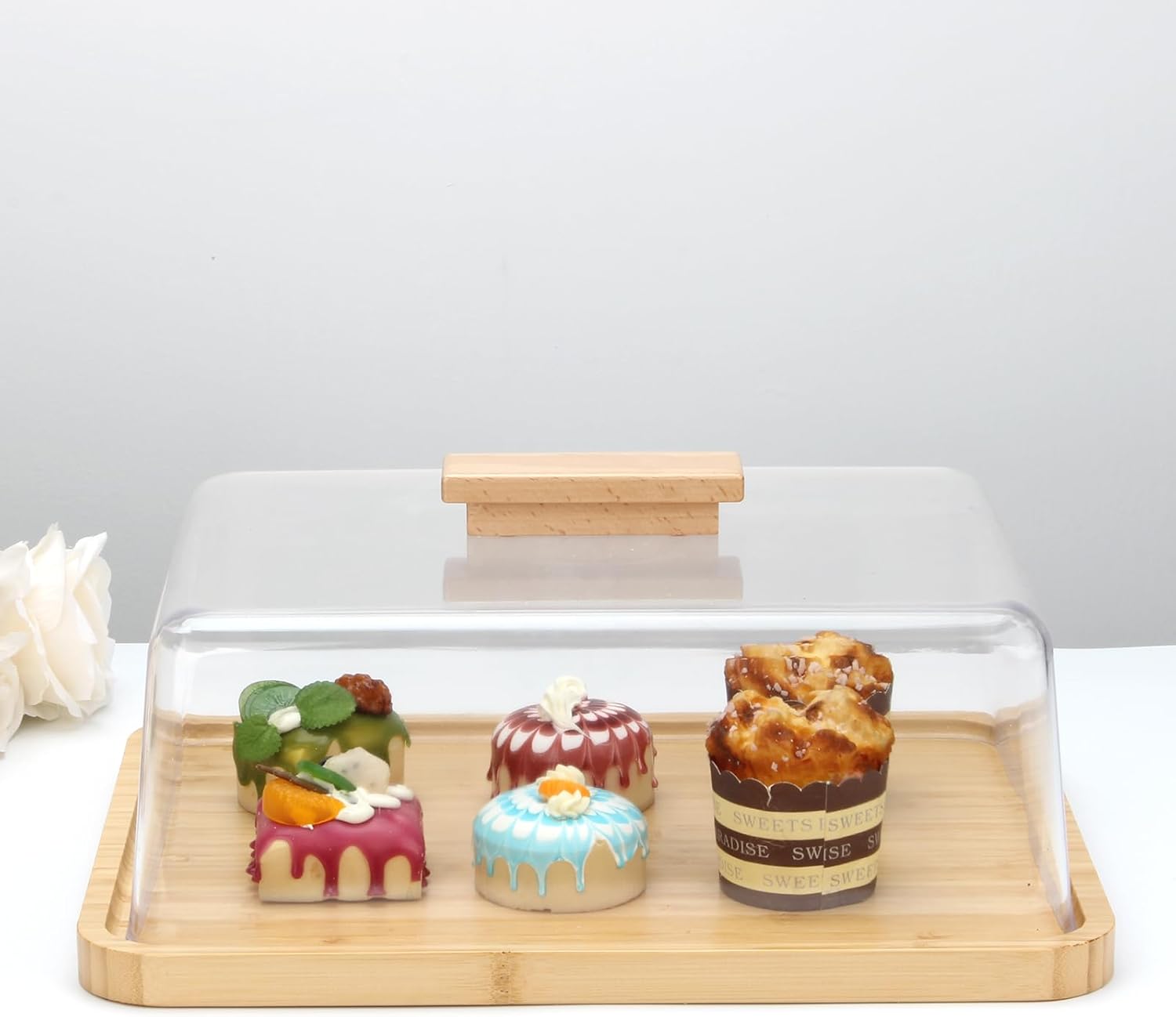 Acrylic Dessert Plate with Base, Bamboo Cake Tray with Clear Acrylic Cover, Cake Fruit Display Server Tray for Kitchen/Birthday/Wedding/Appetizer Dessert& Cheese Serving Platter Rectangular