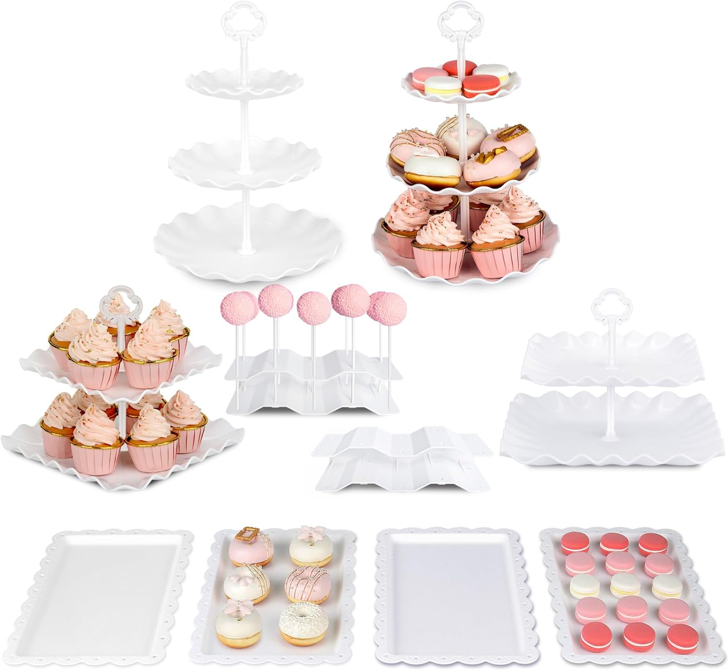 NWK Pack of 10 Dessert Stand Set with 2x Large 2-Tier and 2x Large 3-Tier Cupcake Stands, 4 x Appetizer Trays, 2 x Cake Pop Stands, for Birthday Baby Shower Party Decorations