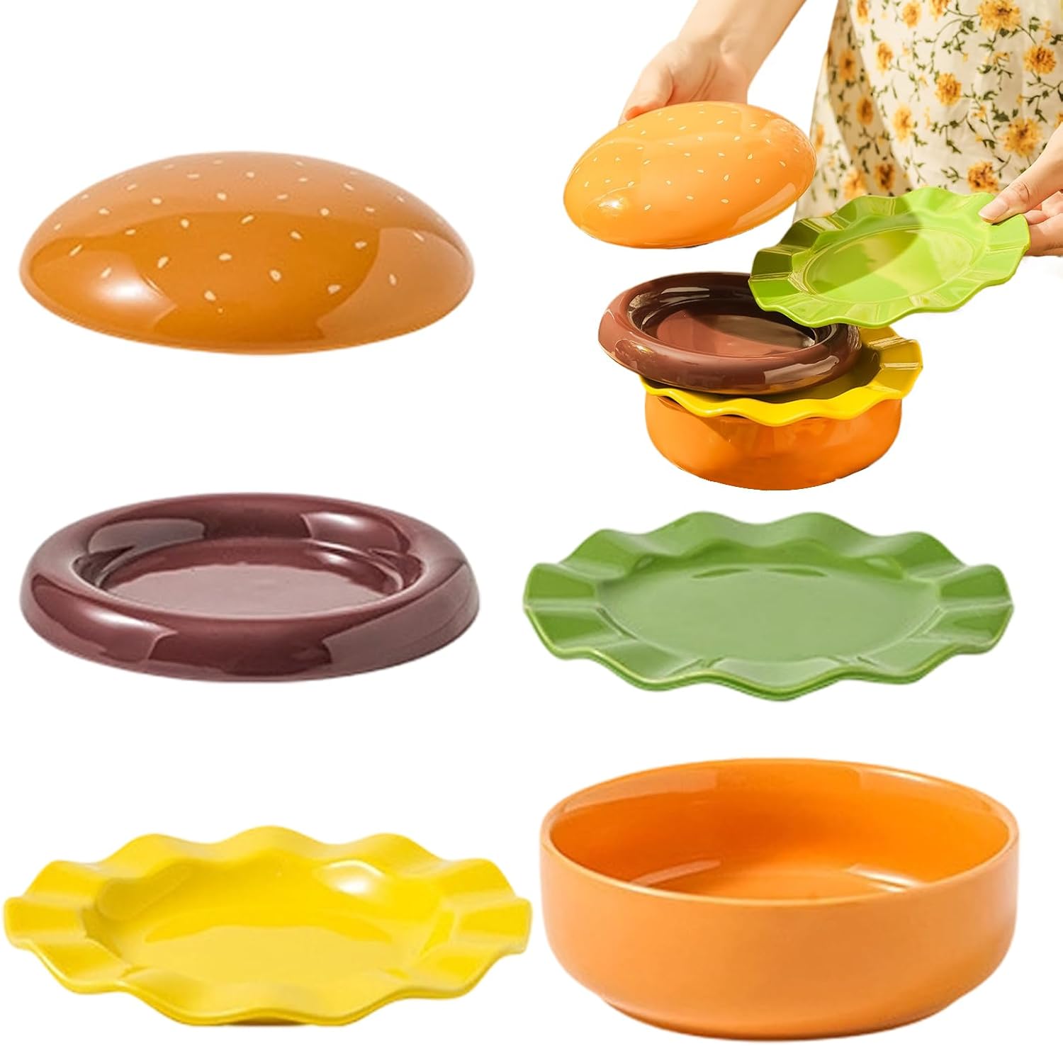 Burger Plate Set Ceramic Stackable Dinnerware, Cute Appetizer Plates for Party Hosts, Event Planners, Home Cooks, Family Dinner, Outdoor Picnic, Birthday, Barbecue, and Casual Gatherings
