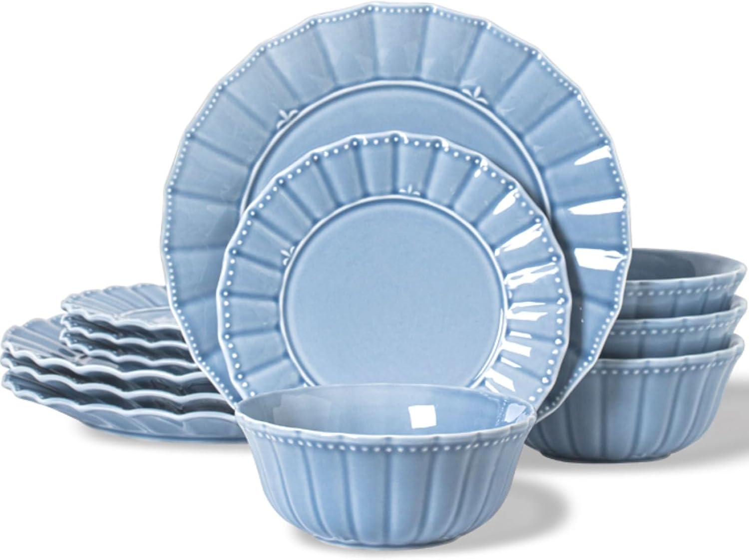 Dinnerware sets, 12 Piece plates and bowls sets for 4, Ceramic dish set, Porcelain dish set, Premium kitchen decor, Microwave and Dishwasher Safe, Celestial Blue