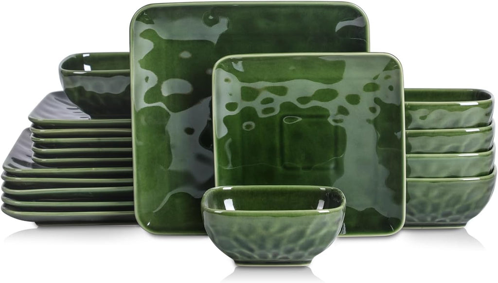 Vicrays Ceramic 18 Pieces Square Dinnerware Set - Dinner Plates Salad Plates Cereal Bowls Set Service for 6 - Scratch Resistant Microwave Oven Dishwasher Safe - Green