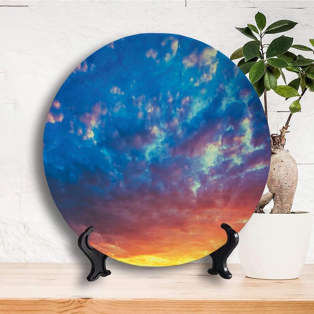 Decorative Plates, Yellow and Blue Print Ornament, Dramatic Sky Sunset Scenic Cloudscape Idyllic, 10 Inch, 1 Plate with 1 Display Stand, Coral Earth Yellow