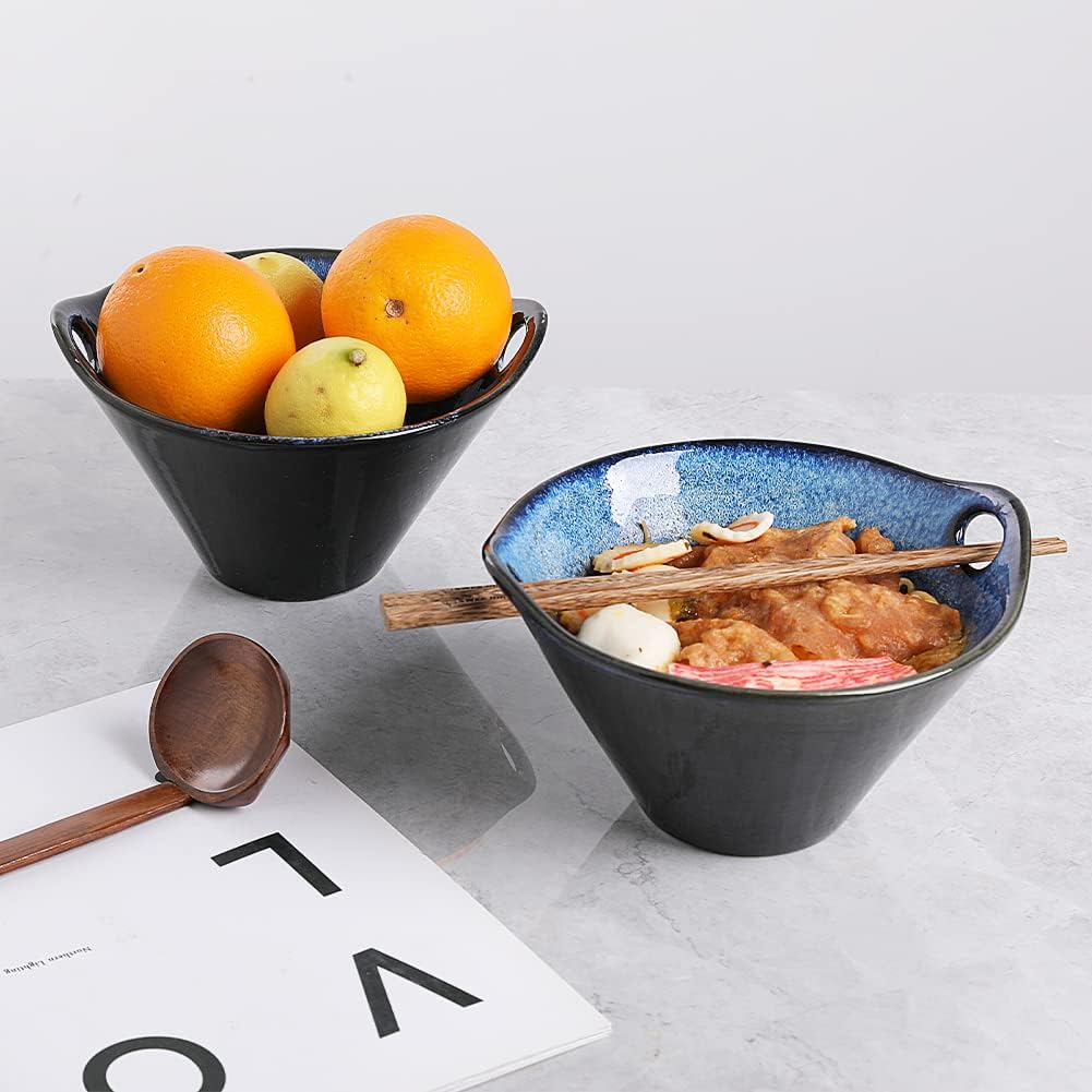 Sweejar Porcelain Ramen Bowls, Japanese Ramen Noodle Bowl with Chopsticks And Spoons, 25 oz Deep Bowl for Soup, Salad, Pho, Udon, Reactive Glaze, Set of 2 (Nebule Blue)