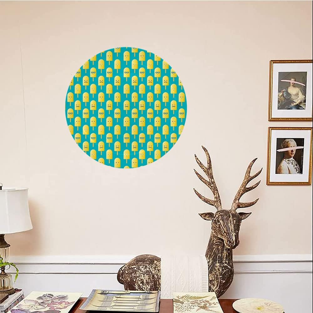 Decorative Plates, Yellow and Blue Print Ornament, Lemon Flavor Ice Cream with Face Glasses and, 10 Inch, 1 Plate with 1 Display Stand, Teal Yellow