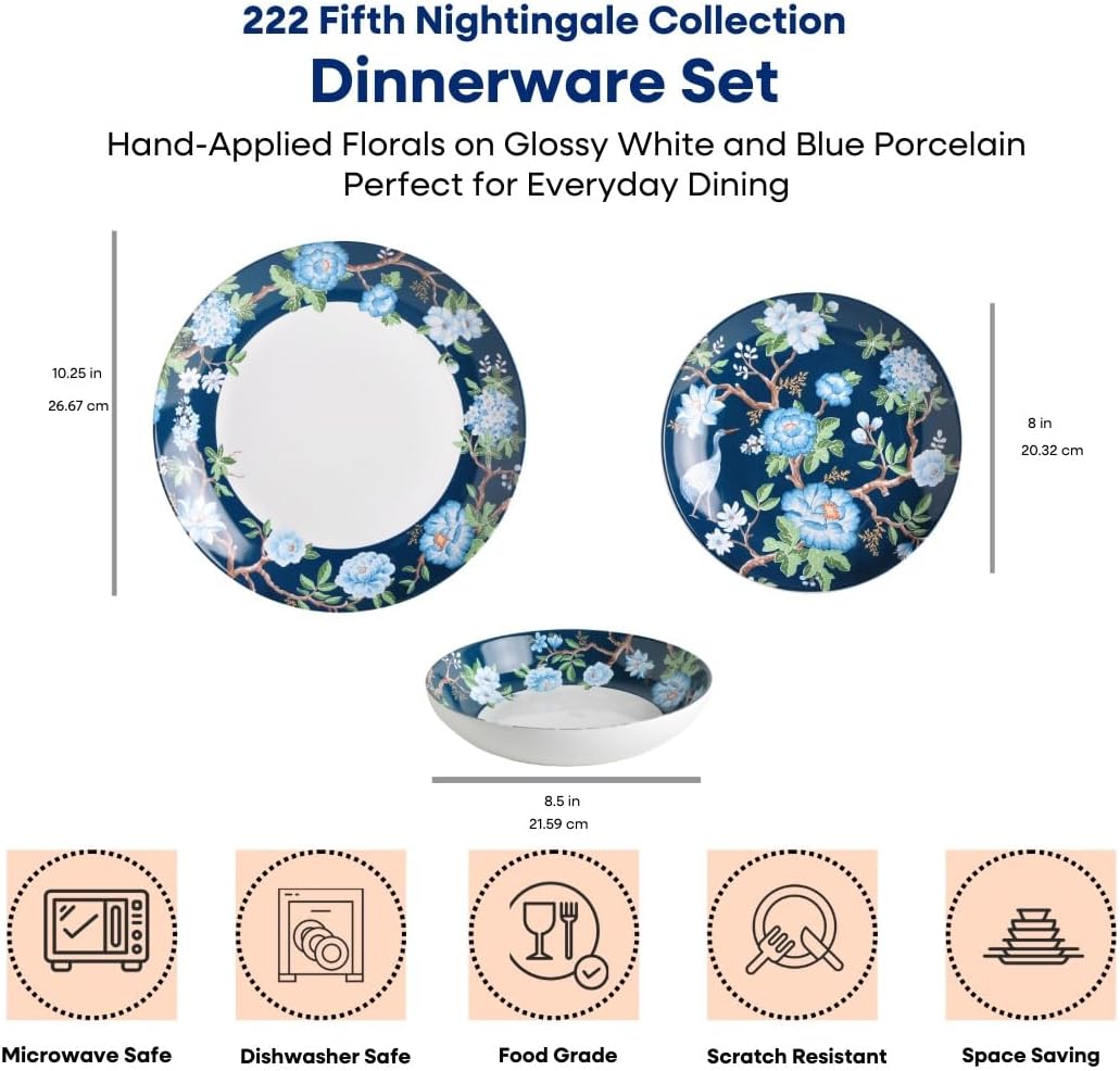 222 Fifth 12-Piece Porcelain Dinnerware Set for 4, Luxury White & Bohemian Blue Plates and Bowls Set, Glossy Ceramic Dish Set with Detailed Floral, Microwave & Dishwasher Safe Dishes, Nightingale