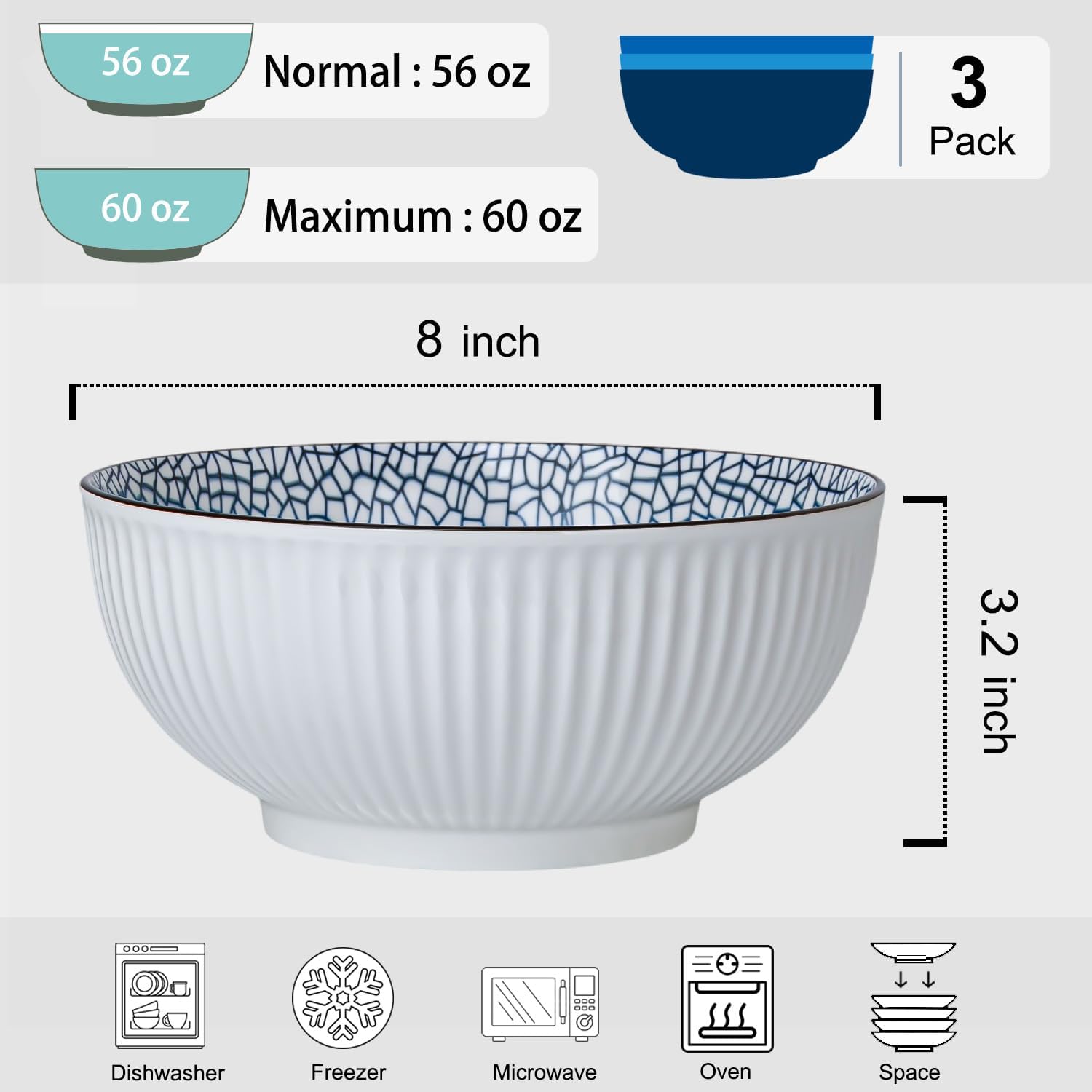 60 oz Large Soup Bowl, Pho Bowls, 8 Inch Blue and White Porcelain Japanese Ramen Bowls Set of 3 - Leaf Pattern