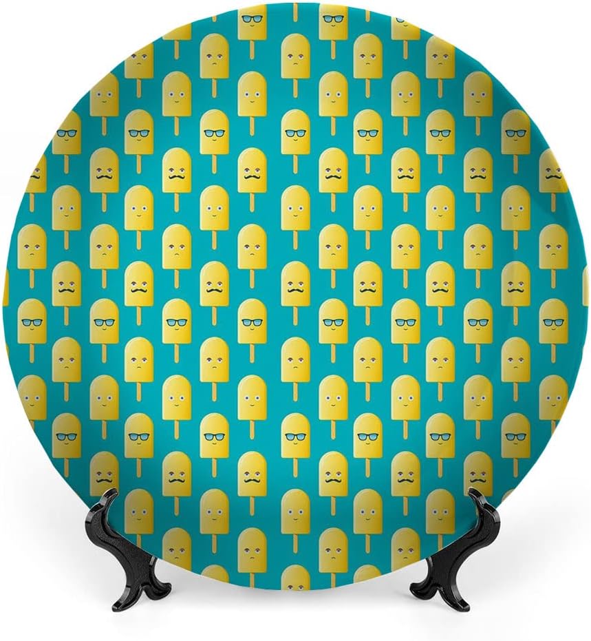 Ceramic Display Plate, Yellow and Blue Ceramic Hanging Decorative Plate, Lemon Flavor Ice Cream with Face Glasses and, 8 Inch, Household Custom Ceramic Plate, Teal Yellow