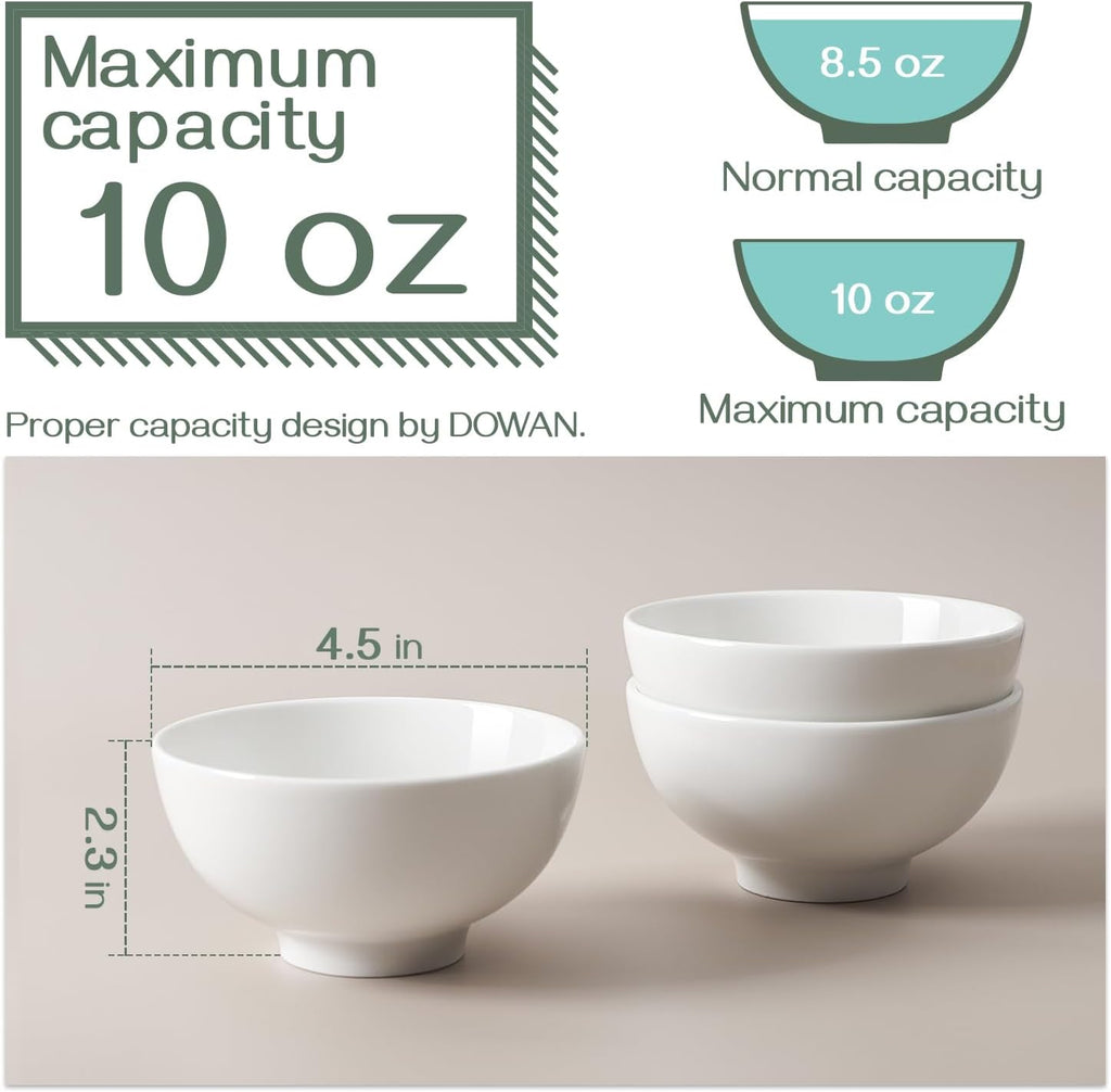 DOWAN 10 OZ Small Dessert Bowls - 4.5" Ceramic Cereal Bowls Set of 8 - Porcelain Off-White Bowl for Side Dishes, Rice, Ice Cream, Oatmeal, Fruit, Soup - Dishwasher & Microwave Safe