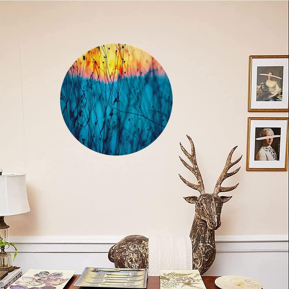 Ceramic Plates, Nature Decorative Ceramic Plates, Dried Flowers Twigs Tranquil Sunset Scenery, 8 Inch, for Dining, Parties, Wedding, Light Blue Peach Orange