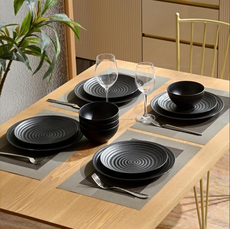 Melamine Dinnerware Sets for 4, 12Pcs Plates and Bowls Sets with Modern style, Lightweight and Unbreakable Dish Set for Camping, RV and BBQ, Dishwasher Safe, BPA free(Black)