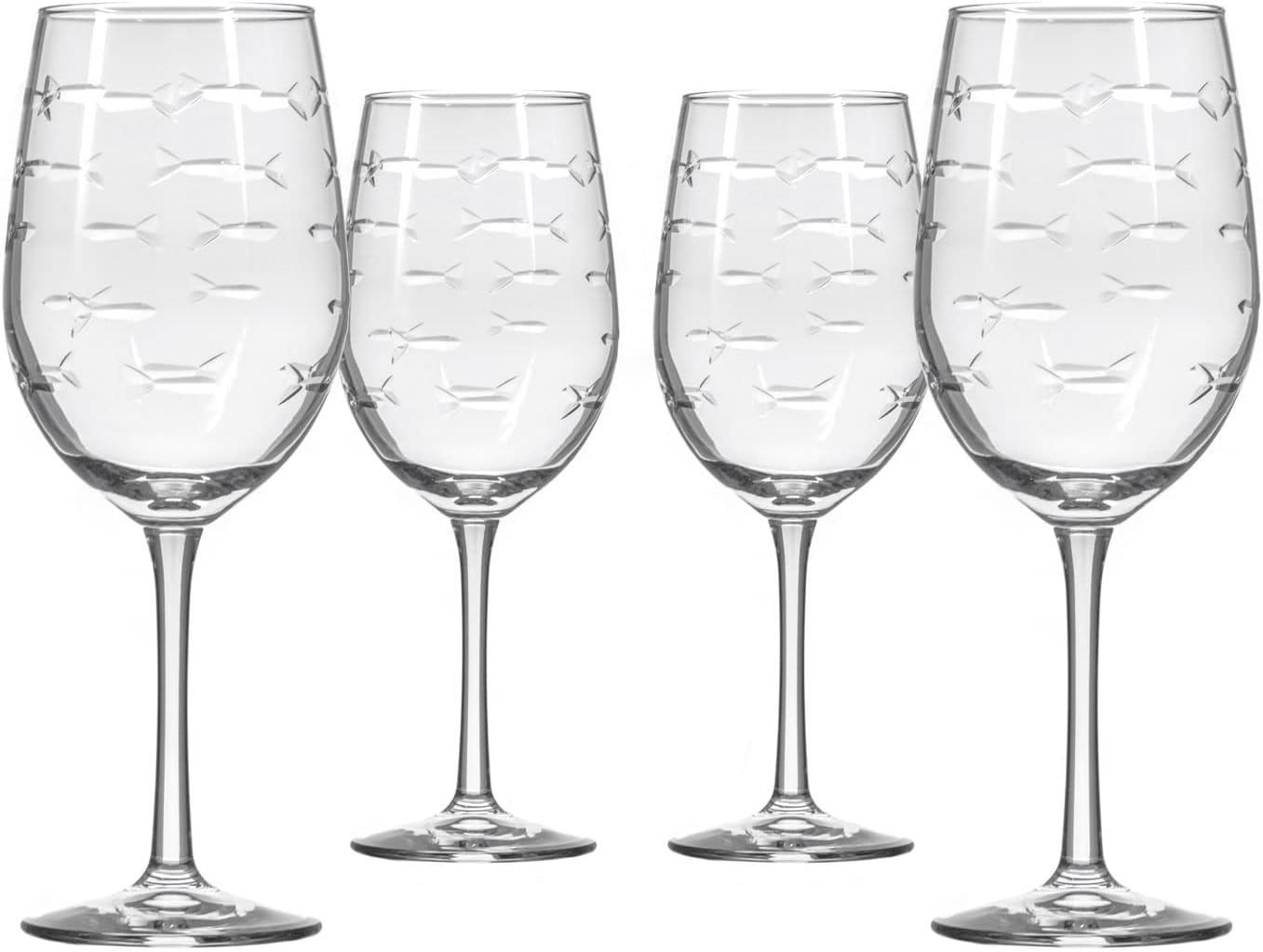 Rolf Glass School of Fish White Wine Glass | 12 ounce Stemmed Set of 4 | Lead-Free Glass | Diamond Wheel Engraved in America
