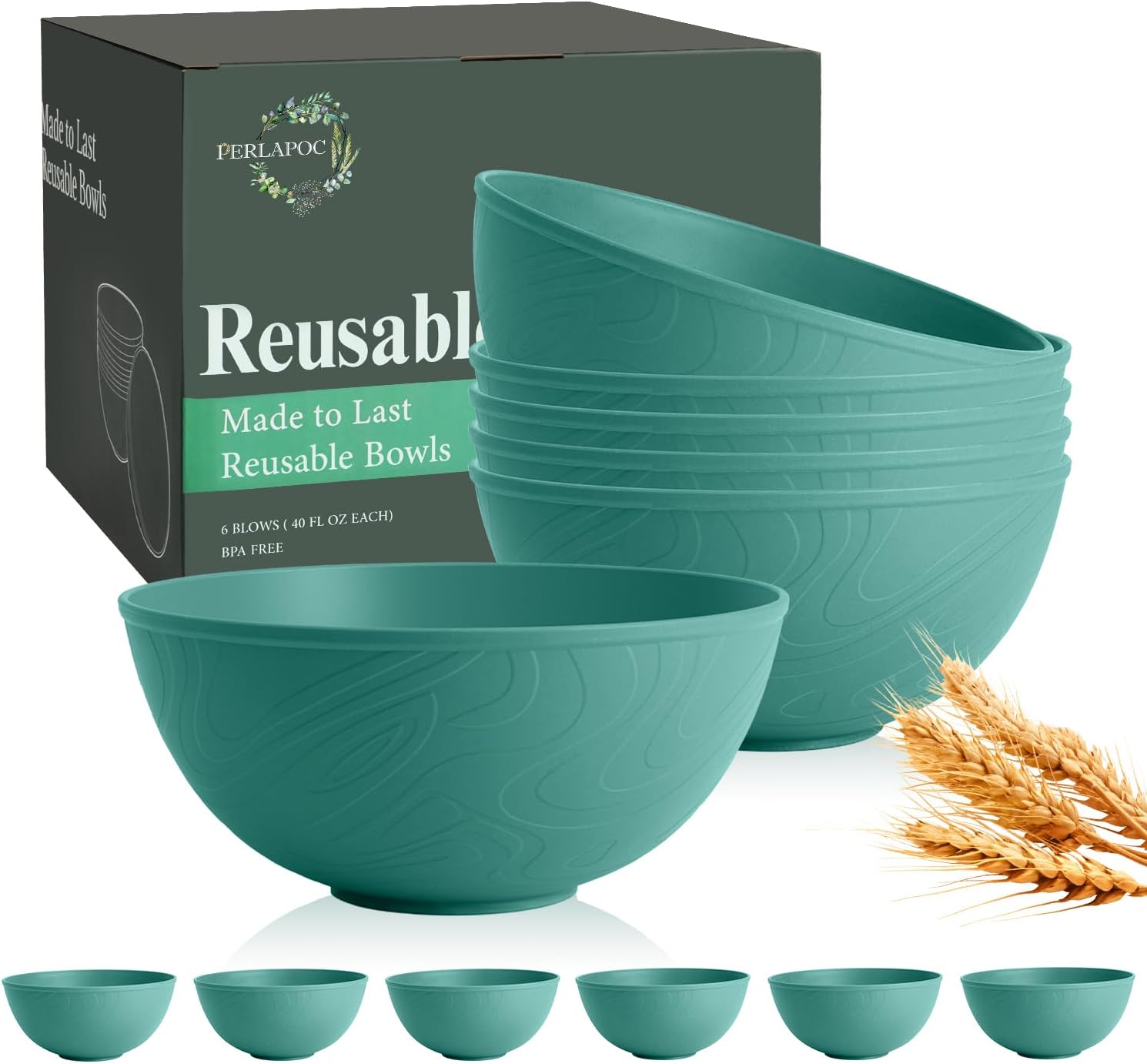 40 OZ Wheat Straw Bowl Sets, 6 PCS Unbreakable & Lightweight Salad Bowls, Microwave & Dishwasher Safe, BPA-Free, Kitchen Bowl Set for Serving, Soup, Oatmeal, Fruit, Noodles, Green