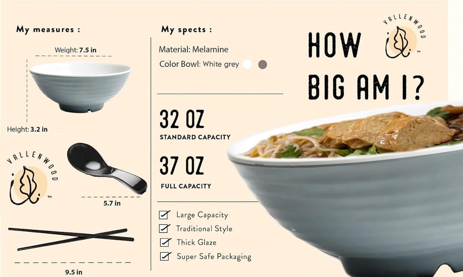 4 Ramen Bowls, 12 pieces Pho set. Gray White Asian Japanese soup. Utensil: Spoons And Chopsticks kit. Melamine. Large 37 oz. Noodles, Rice, Udon, Thai, Chinese, Korean, Wonton, Miso.