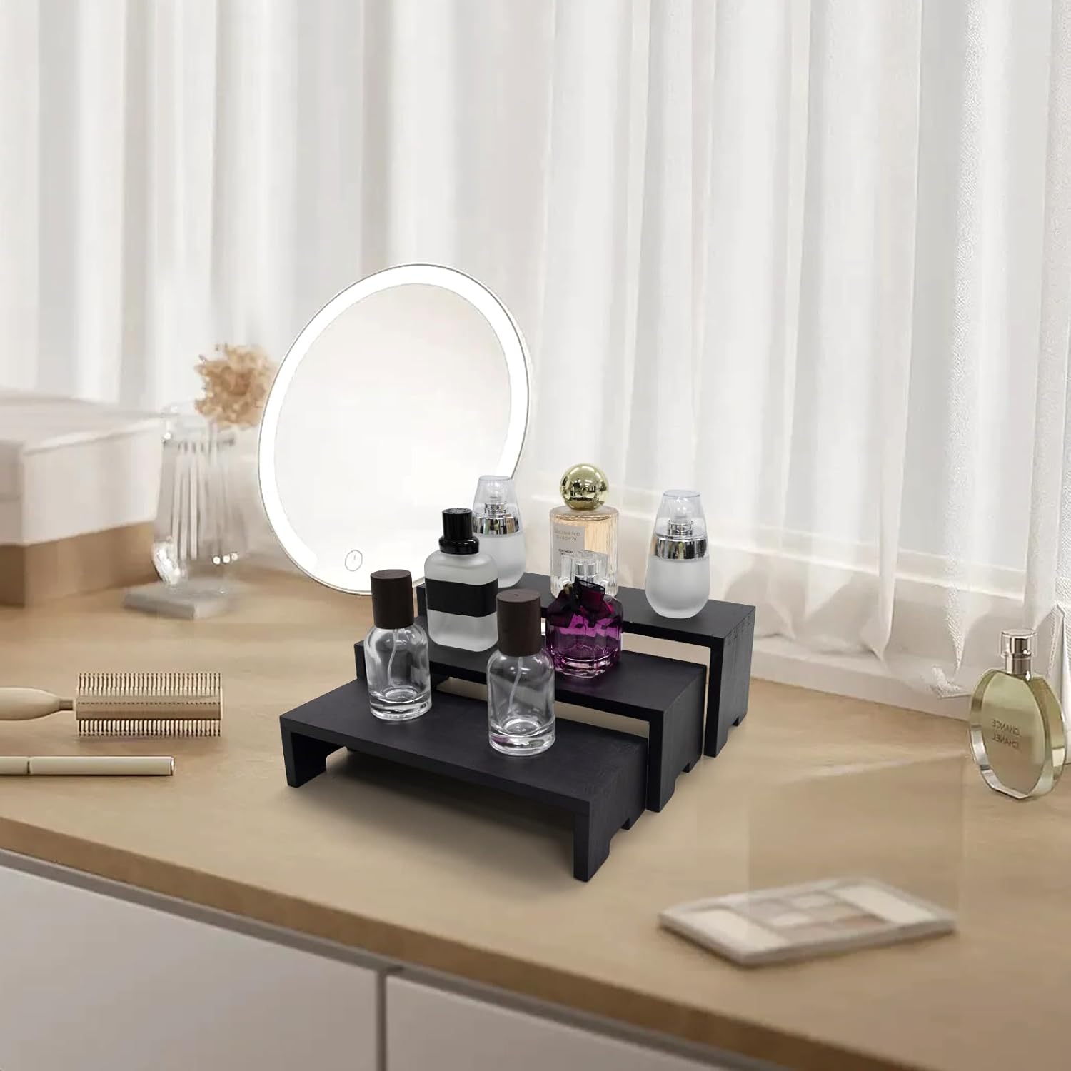 12Pcs Display Riser Wood Risers Wooden Stand 3 Tier 4 Set 12 Pieces Wood Racks Decorative Rectangular, Cupcake Stands Cologne Perfume Organizer(Black)