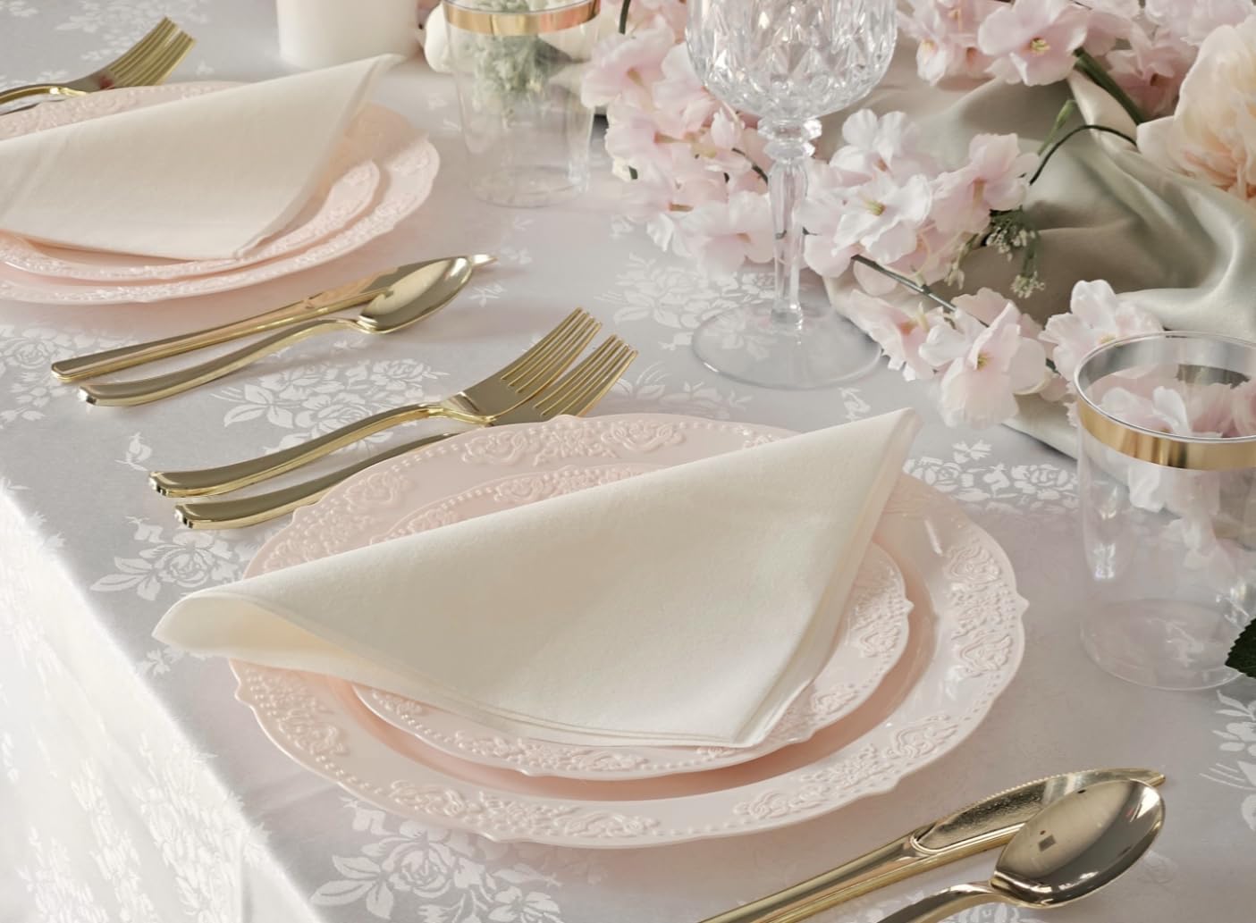 " OCCASIONS " 50 Plates Pack (25 Guests) Vintage Wedding Party Disposable Plastic Plate Set -25x10.25'' Dinner +25x7.5'' Salad/Dessert plates (Portofino in Light Pink)